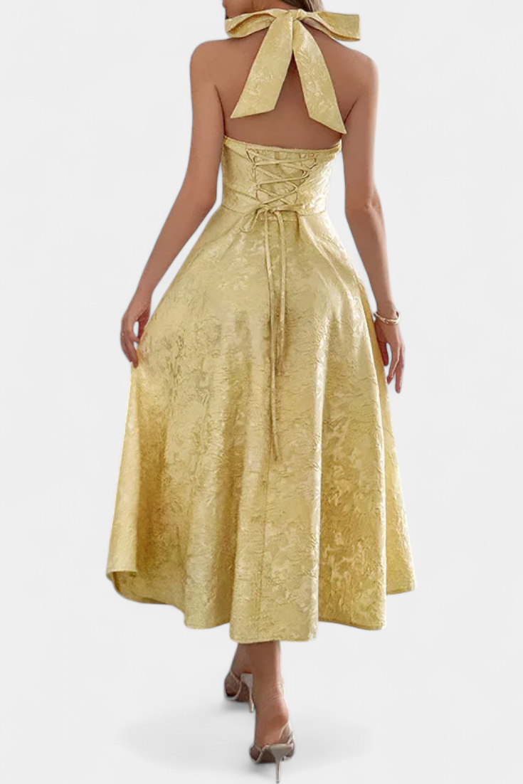 Gilda Φόρεμα Jacquard Midi με Ανοιχτή Πλάτη και Ψηλή Μέση