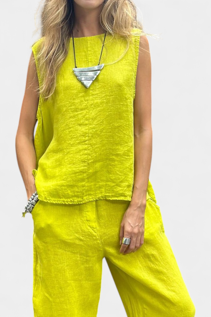 Leona Αμάνικο Σετ με Γιλέκο και Παντελόνι από Βαμβάκι και Λινό