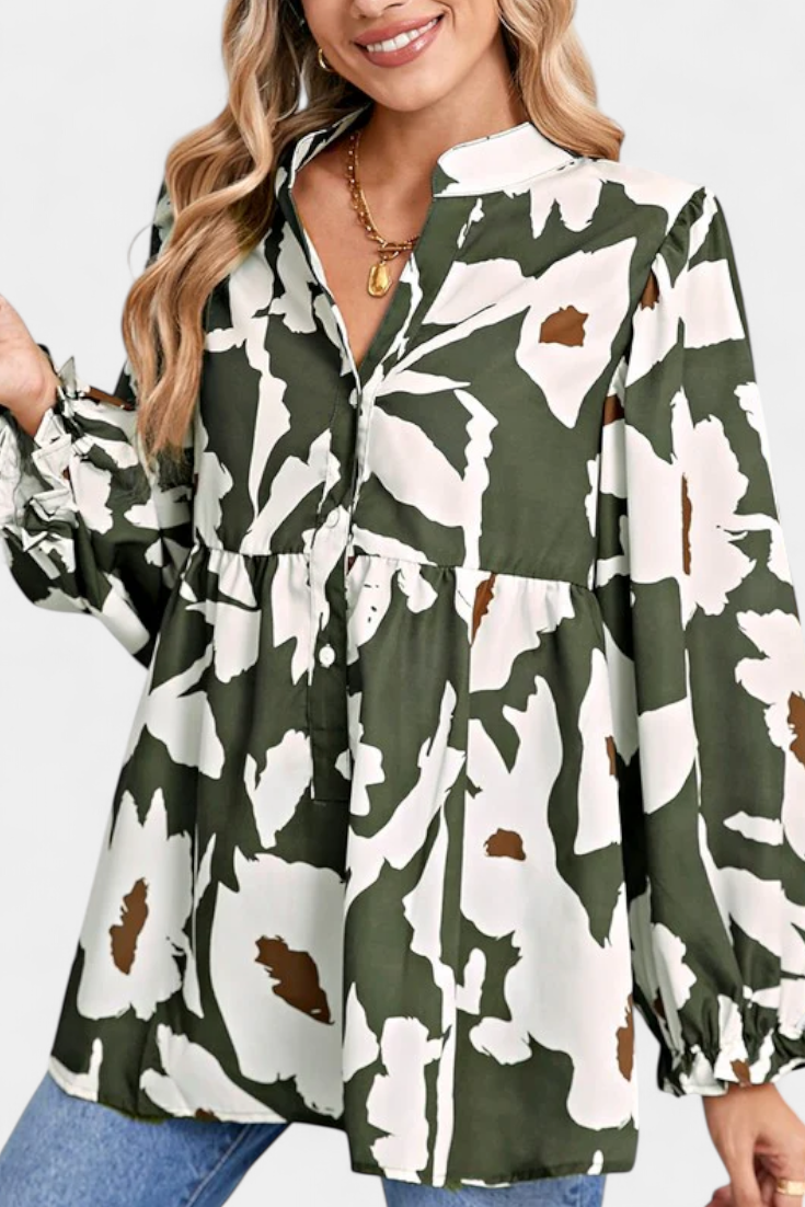 Filomena Μπλούζα με Μισό Κουμπιά, Φουσκωτά Μανίκια και Αφηρημένο Φλοράλ Σχέδιο