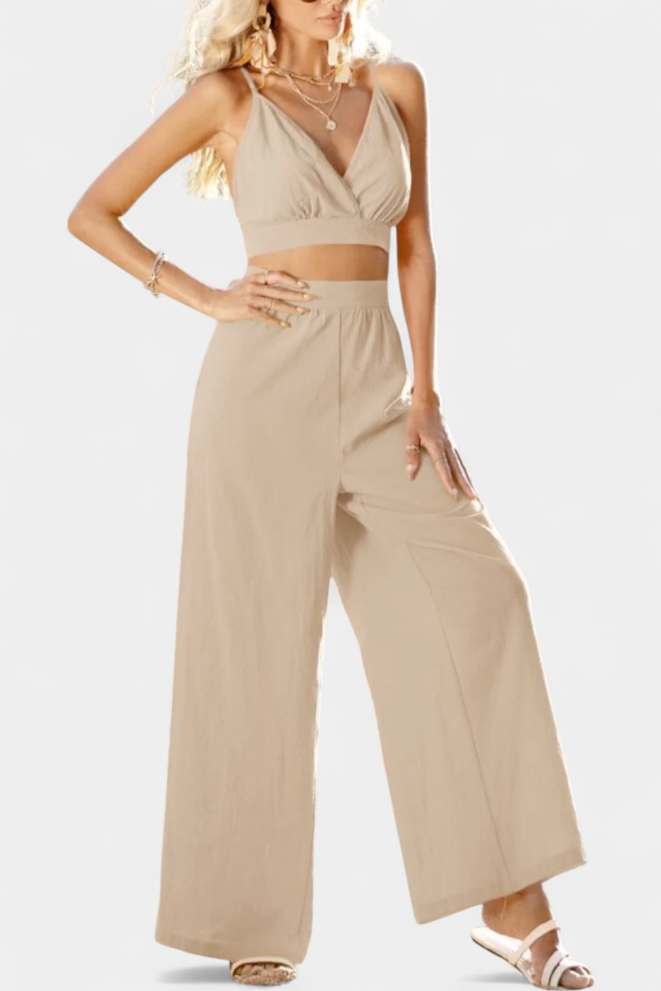 Valentina Set με Δαντελένιο Γιλέκο με Ανοιχτή Πλάτη και Φαρδύ Παντελόνι