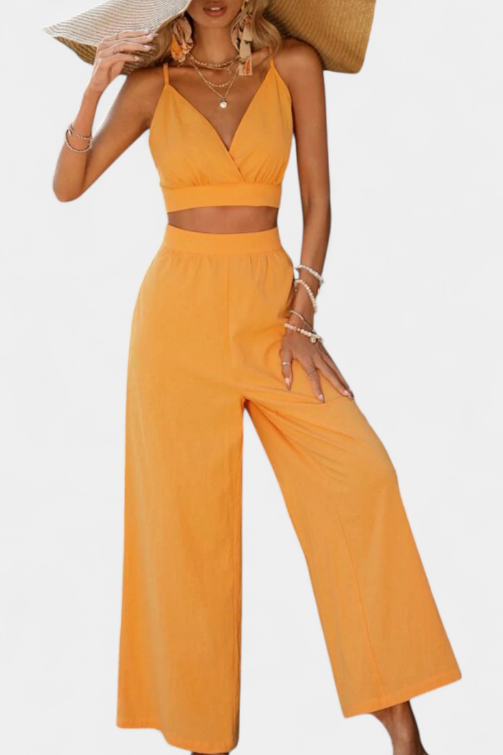 Valentina Set με Δαντελένιο Γιλέκο με Ανοιχτή Πλάτη και Φαρδύ Παντελόνι
