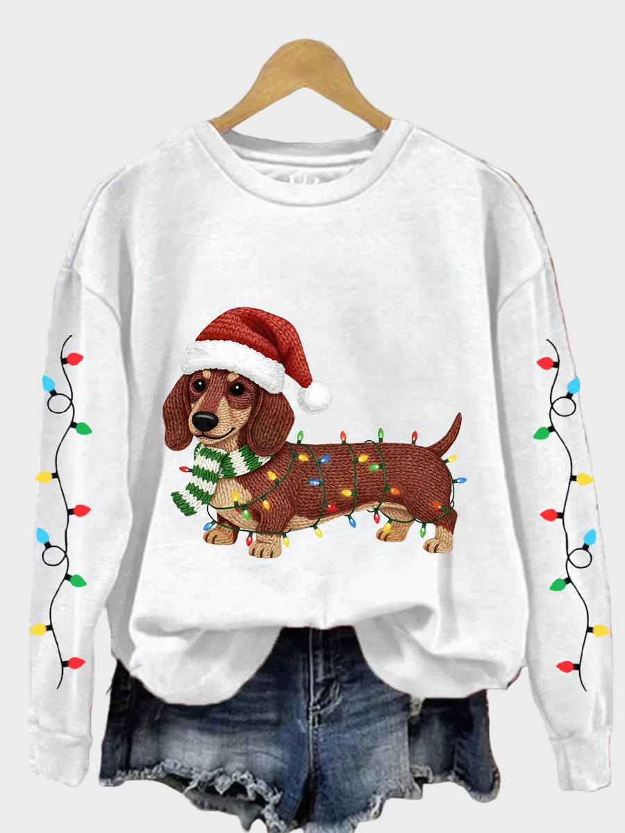 Ella| Γυναικείο Casual Φούτερ με Μοτίβο Dachshund και Χριστουγεννιάτικα Λαμπάκια